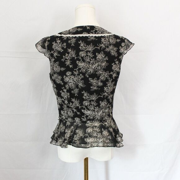 90s Ann Talyor Loft Floral V-Neck Short Sleeve Blouse - 0, black & white - Picture 4 of 7
